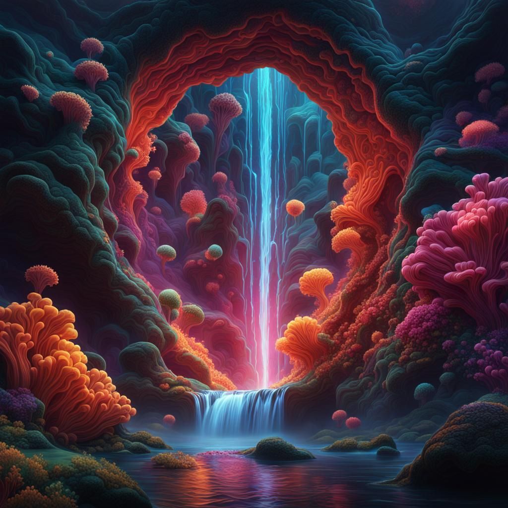 Astral Waterfall with Amoebas in Mixed Media