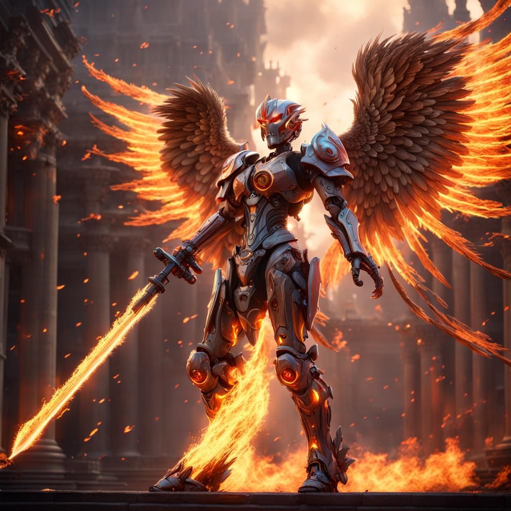 beautiful robotic avenging angel with a fire sword in a blaze of glory