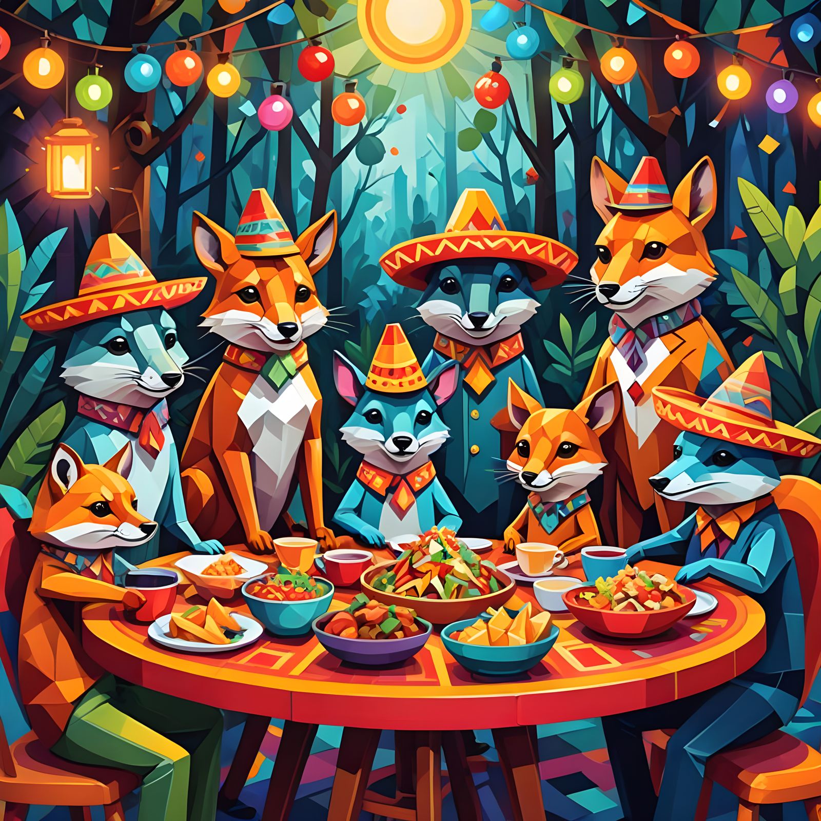 Festive Animal Fiesta in Cartoon Cubist Style