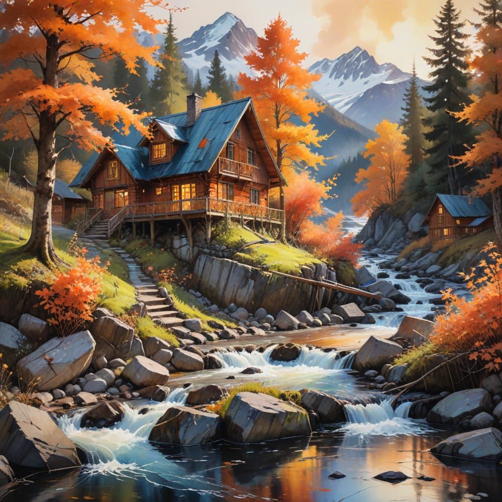 Autumn Hamlet with Orange Maple, Watercolor Painting