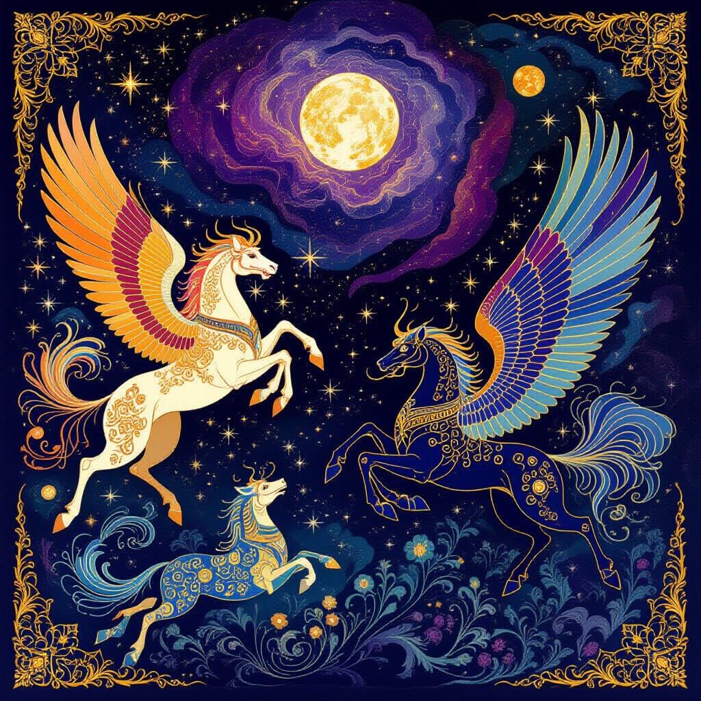 Mythical Creatures in Celestial Battle Tapestry