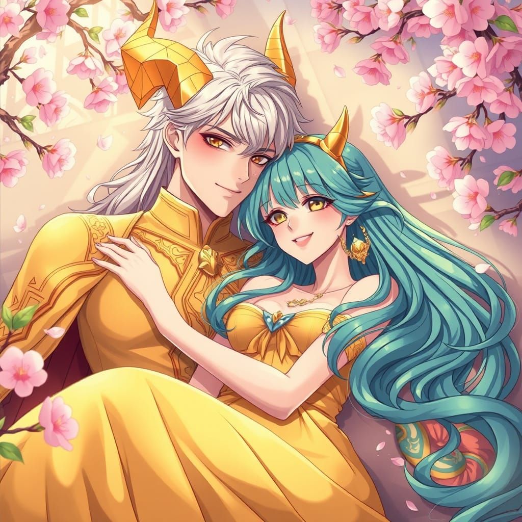 Golden Couple in Cherry Blossom Garden: Anime Style