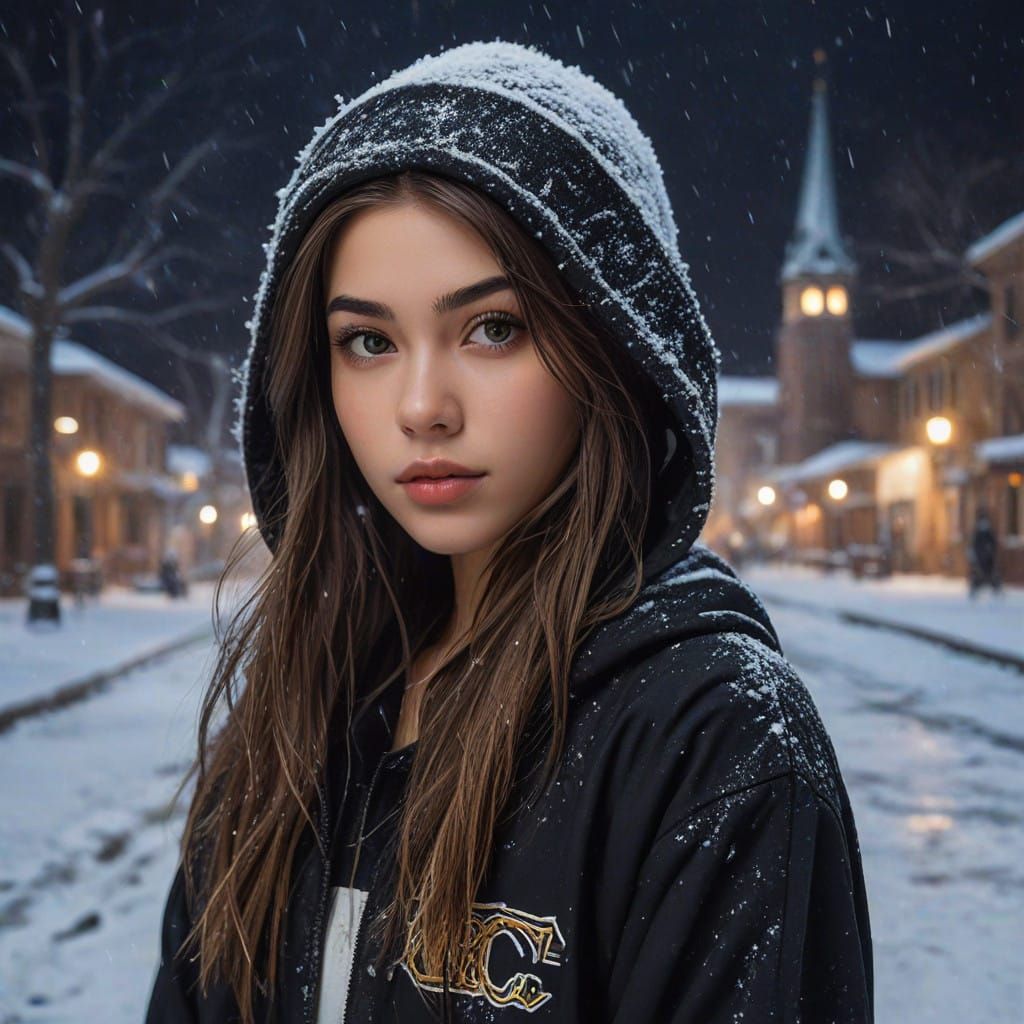 Snowy College Girl in Enchanted Night