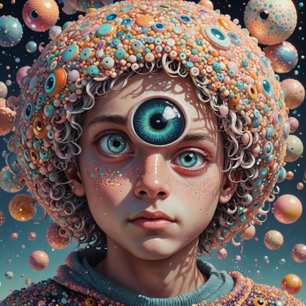 Orb-Eyed Boy Portrait in Pixel Pointillism Style