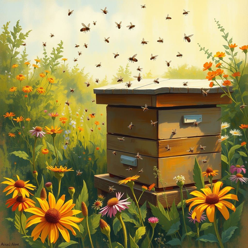 Idyllic French Impressionist Beehive Scene with Busy Bees