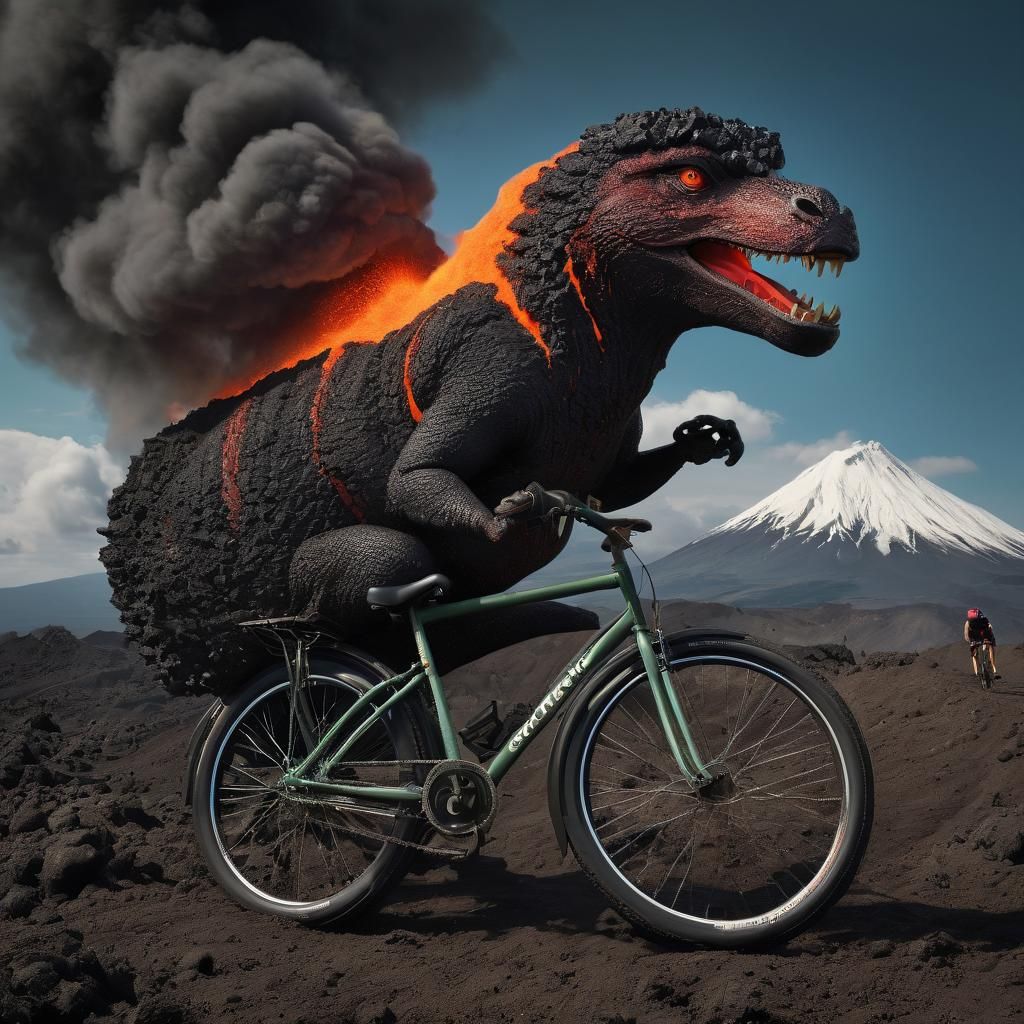 Surreal T-Rex on Bicycle by Volcano