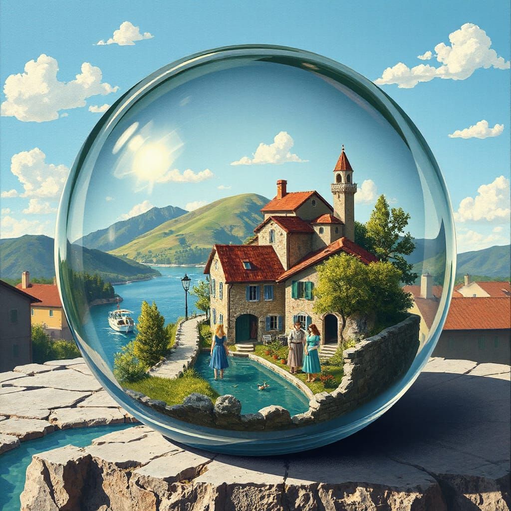 Italian Village Inside Glass Paperweight in Pop Art Style