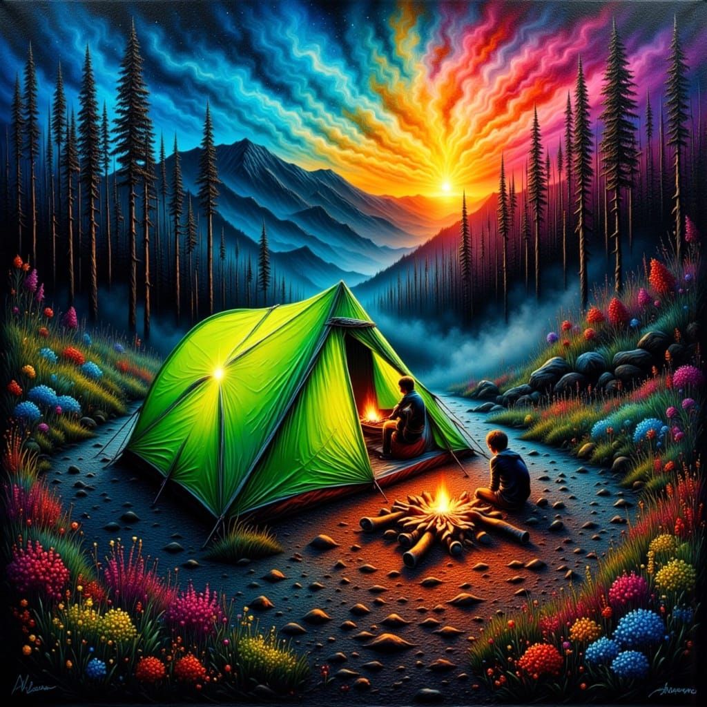 Neon Tent Camping in Expressionist Landscape