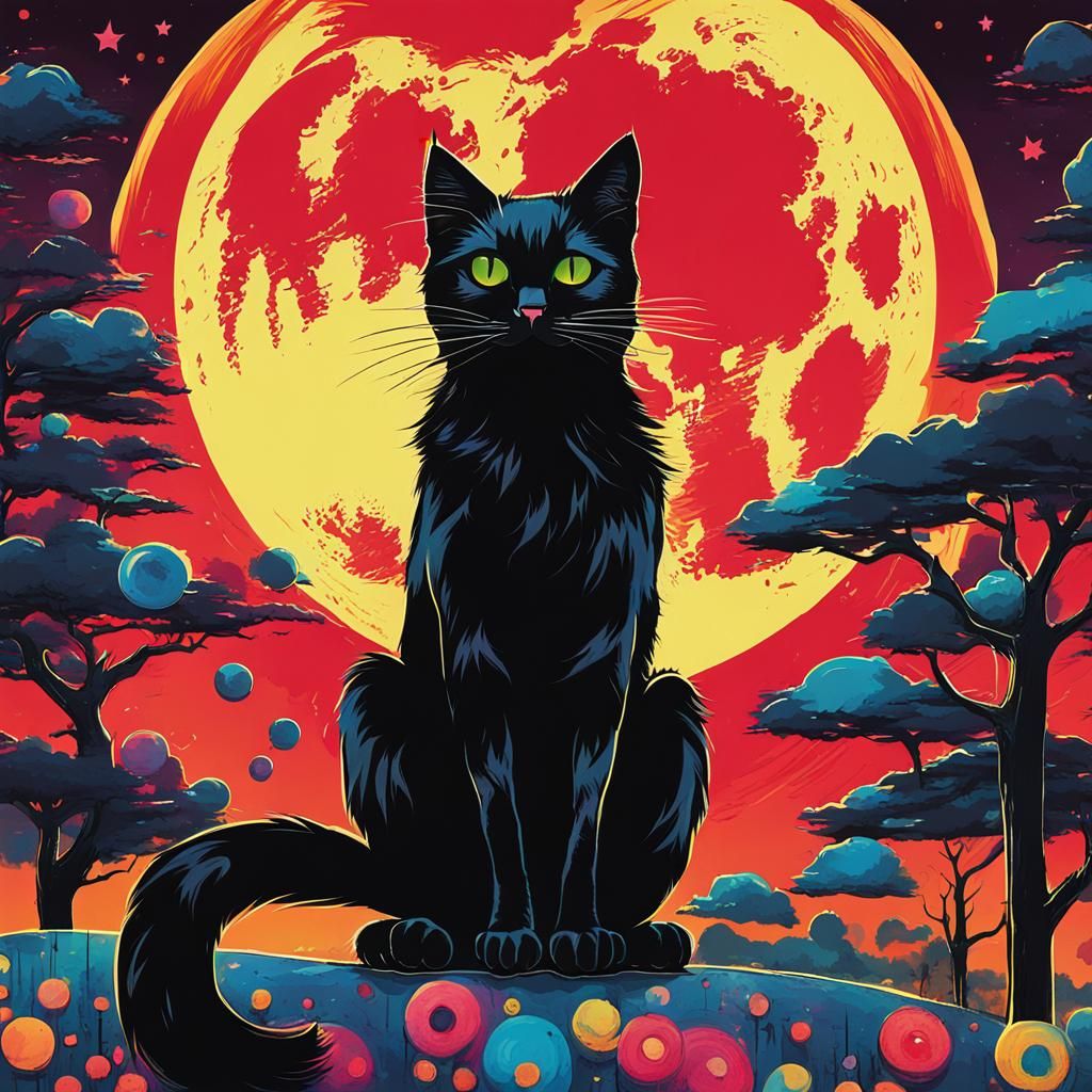 Pop Art Black Cat Under Full Moon