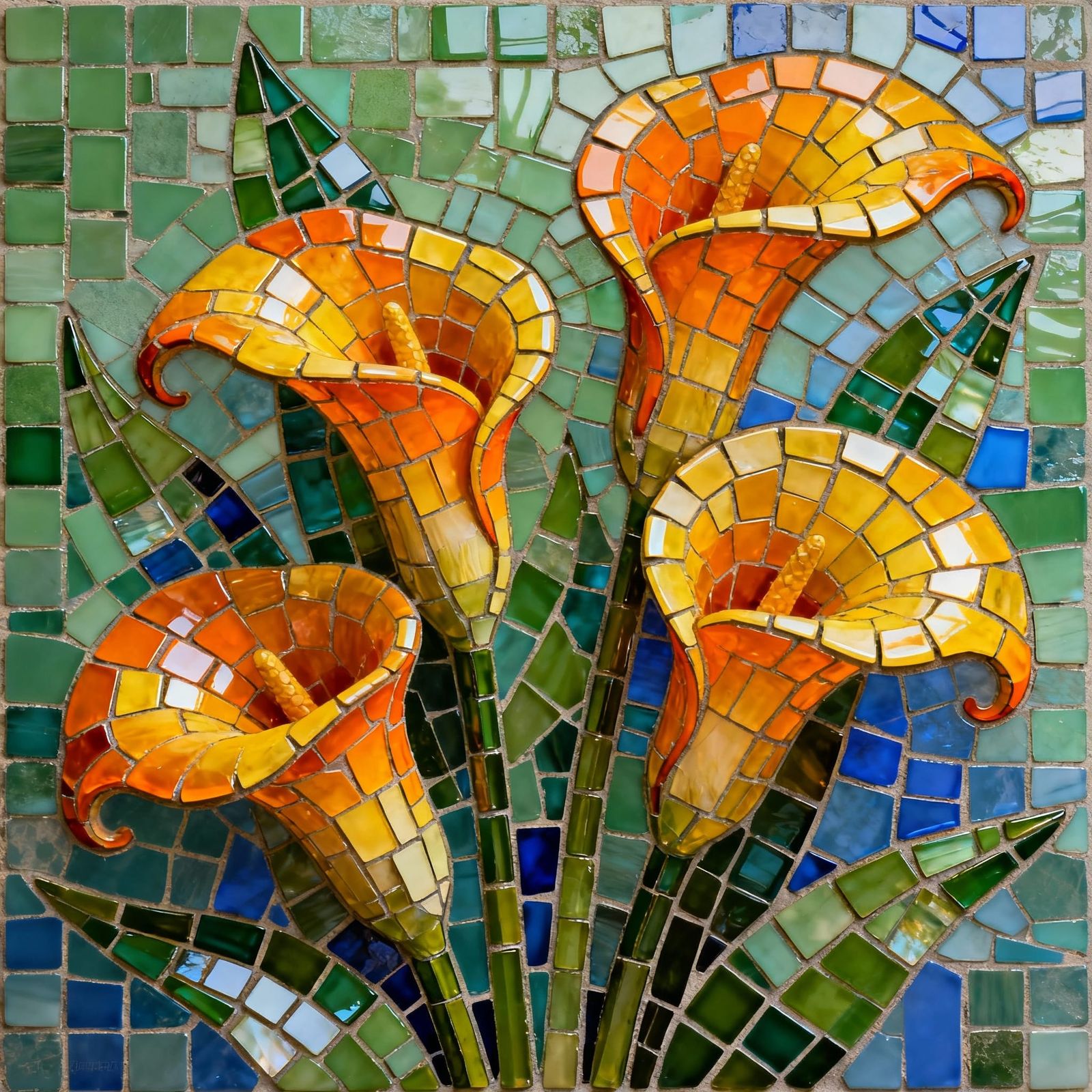 Vibrant Mosaic Calla Lilies in Ancient Roman Style