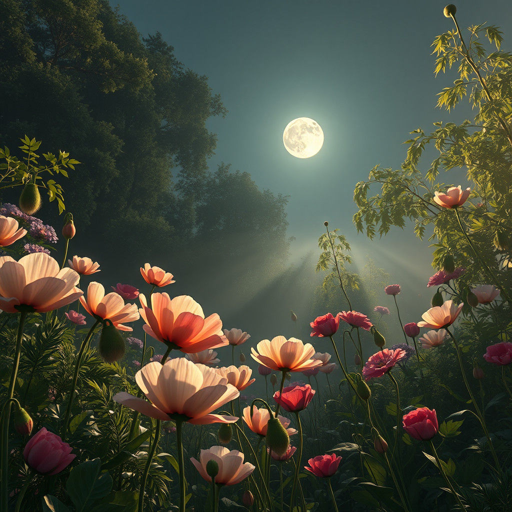 Moonlit Garden with Folded Poppies as 3D Fractal Art