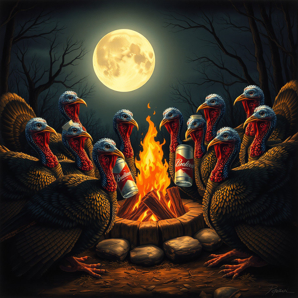 Turkeys Toasting Under the Moonlit Sky