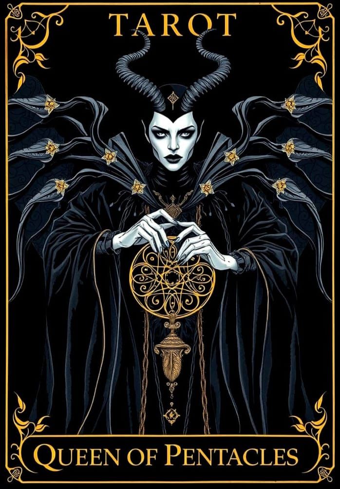 Maleficent as Queen of Pentacles in Tarot Card