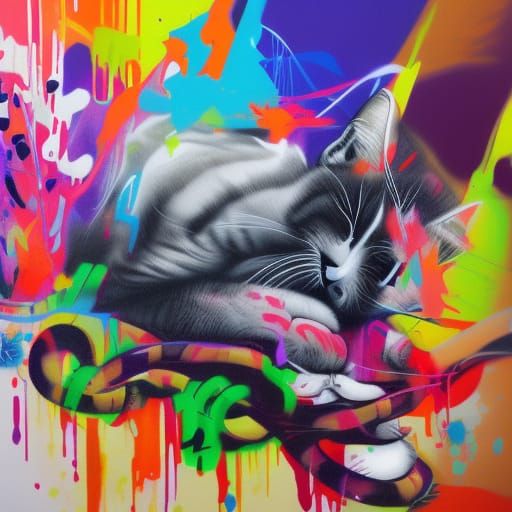 Colorful Graffiti Cat Sleeping on Couch