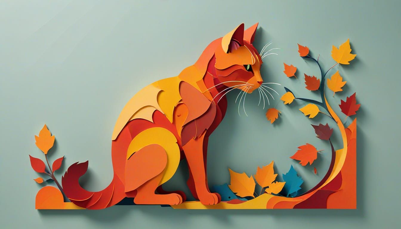 Whimsical Industrial Cat Art in Autumn Hues