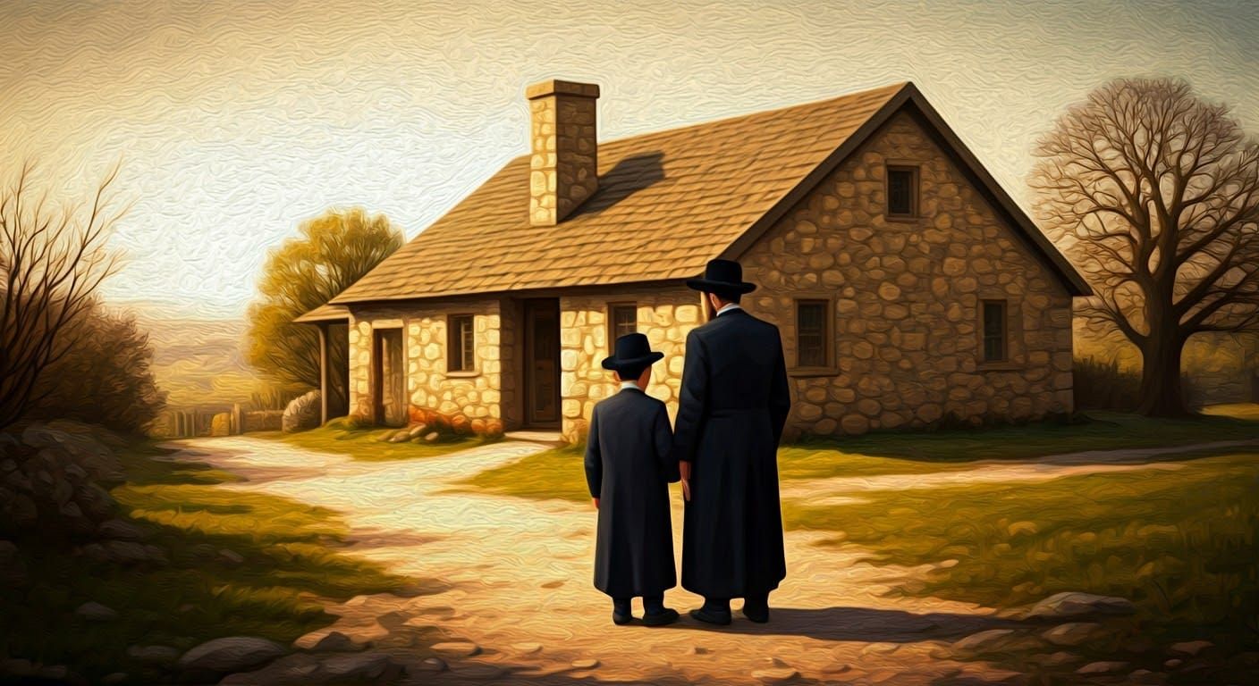 Haredi Man and Boy at Stone Cottage, Folk Art Style