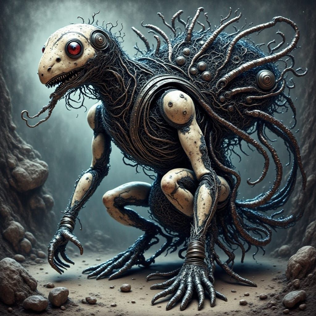 Menacing Aquatic Predator in Biomechanical Horror Style