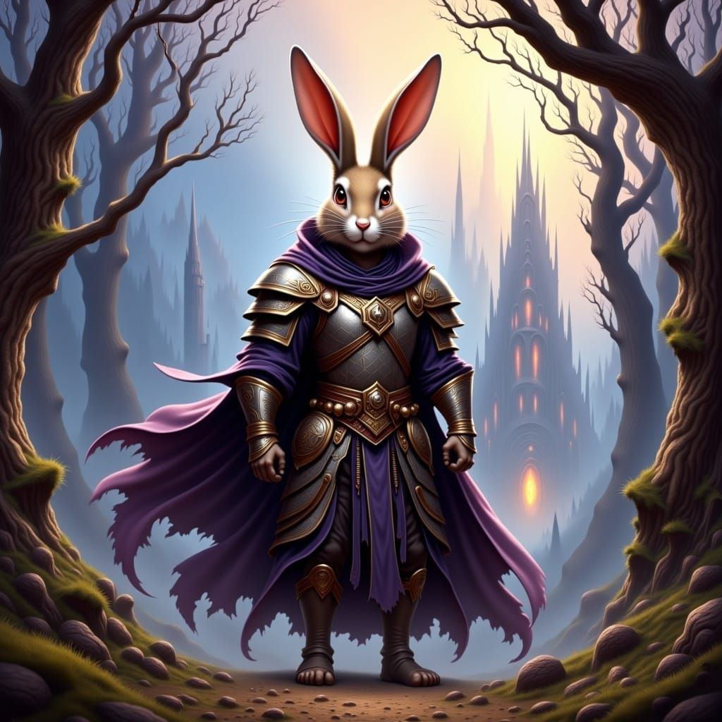Rabbit Warrior in Ornate Armor in Mystical Realm