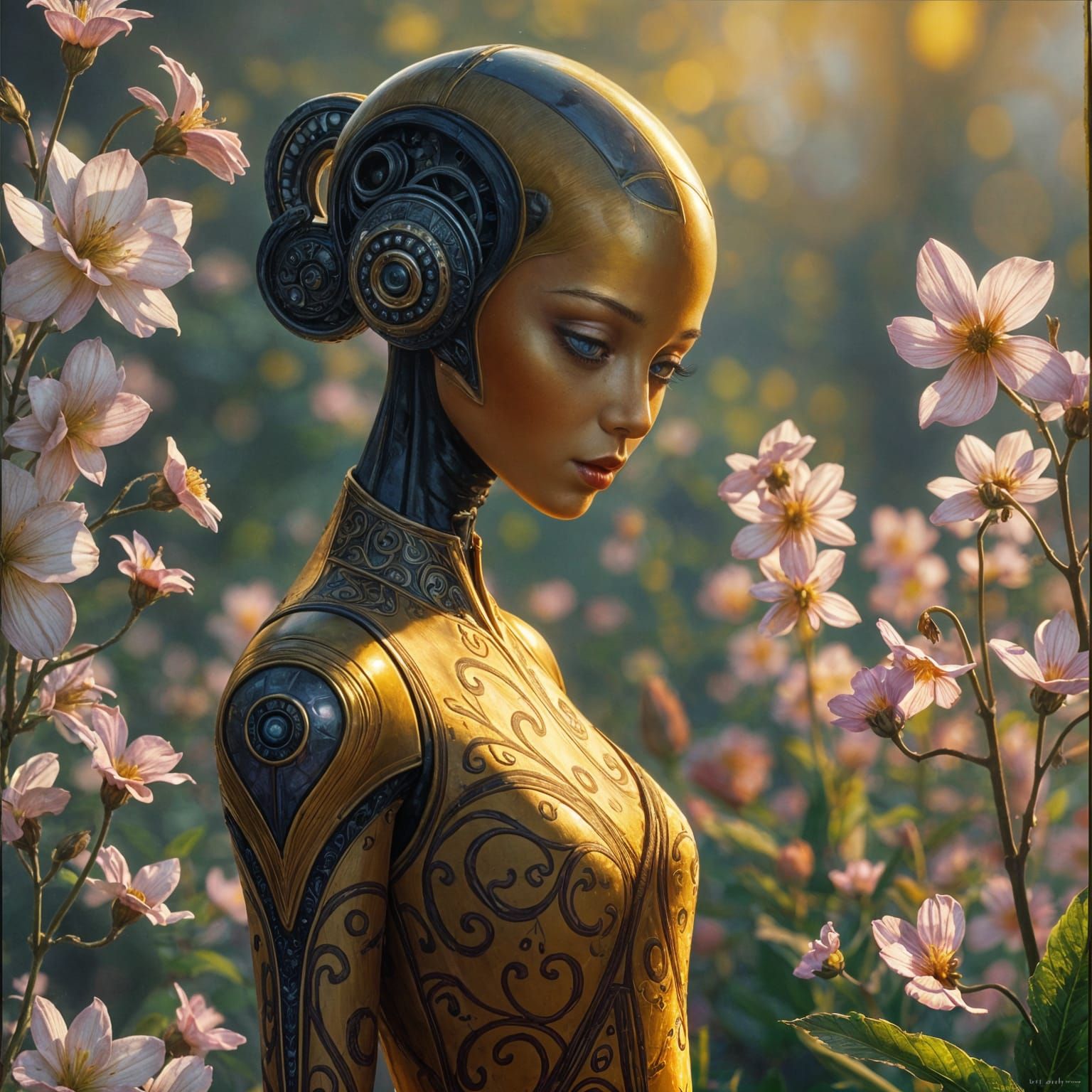 Android Goddess Contemplates Vibrant Garden