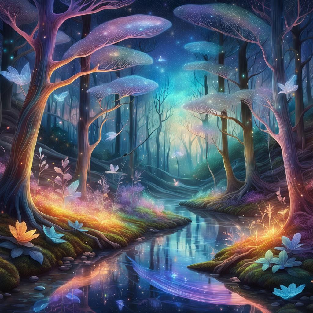 Bioluminescent Twilight Forest with Fairies in Psychedelic A...