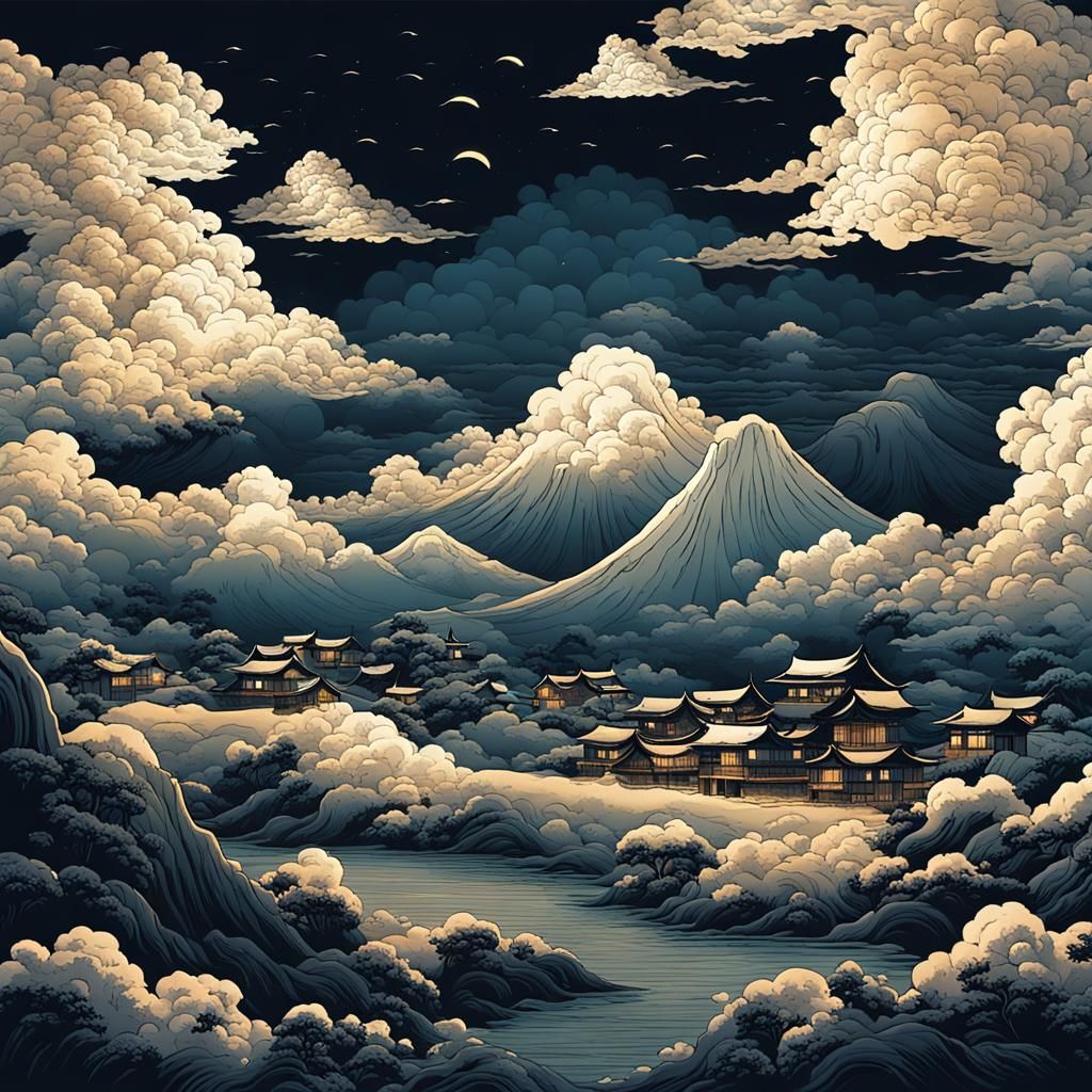 Illuminated Village at Night in Japanese Art Style