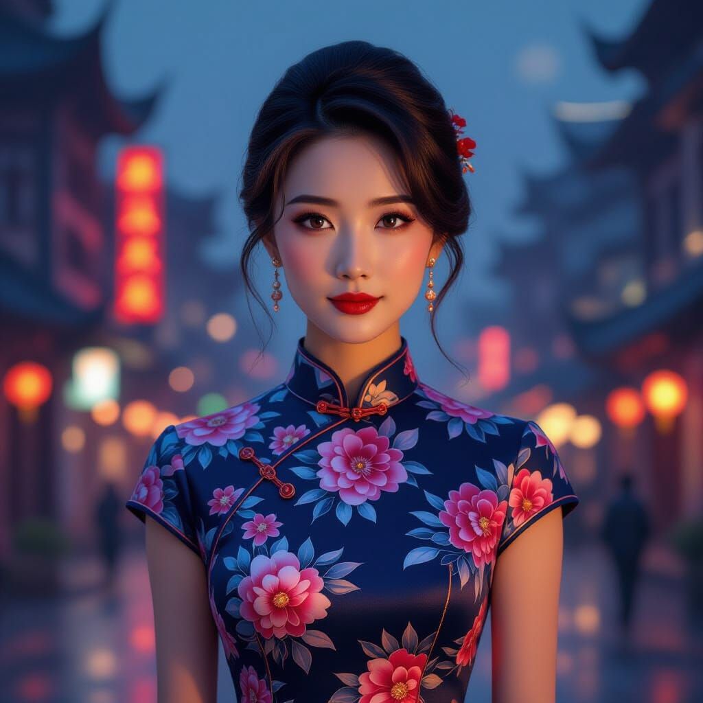 Elegant Chinese Woman in Shanghai Night - Concept Art Style