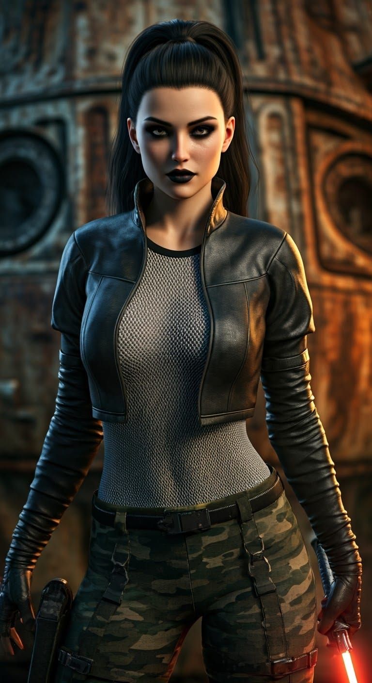 26 year old female, black high ponytail, black eyeshadow, da...