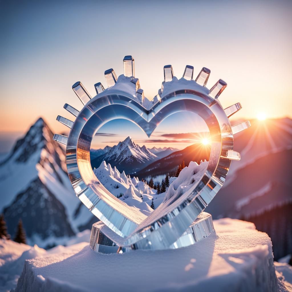 Ice Heart Sculpture at Mountain Peak in Winter