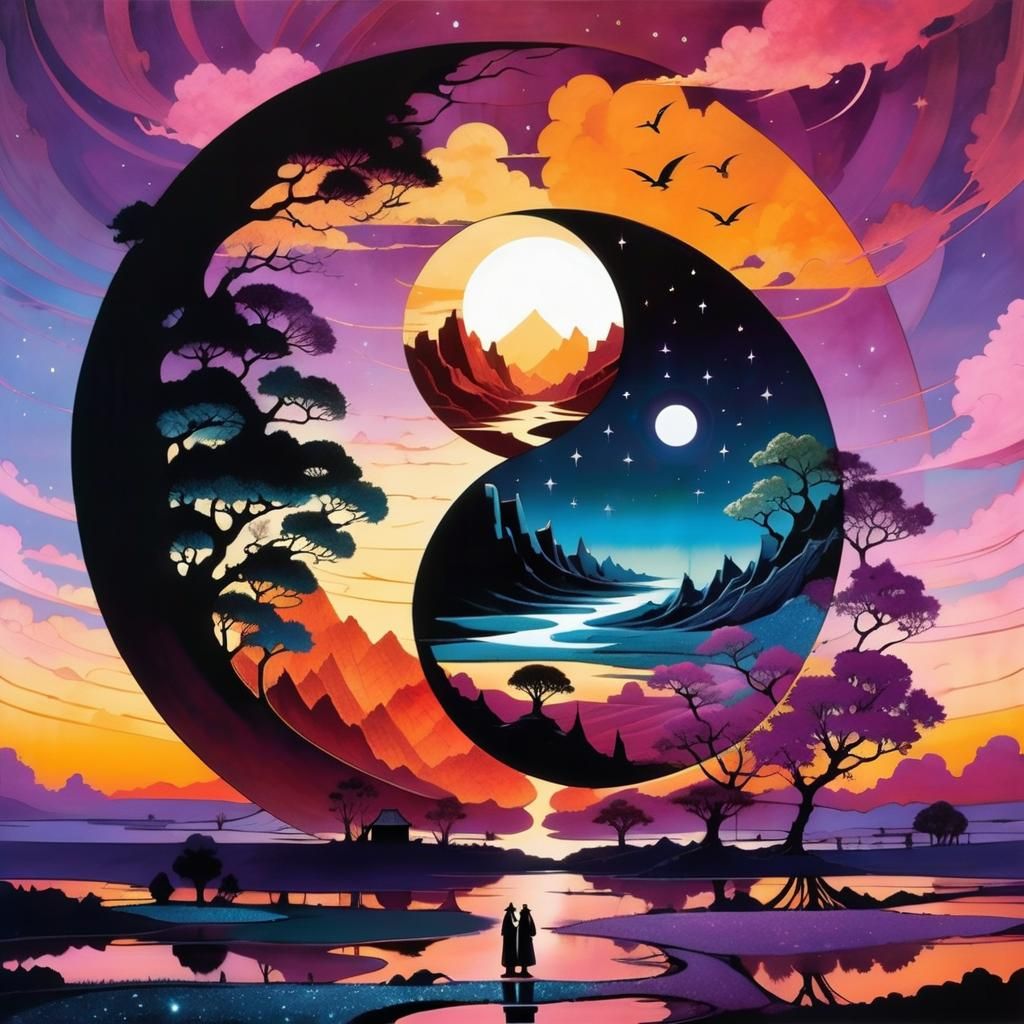 Surreal Yin Yang Stargate Dreamscape in Art Nouveau Style