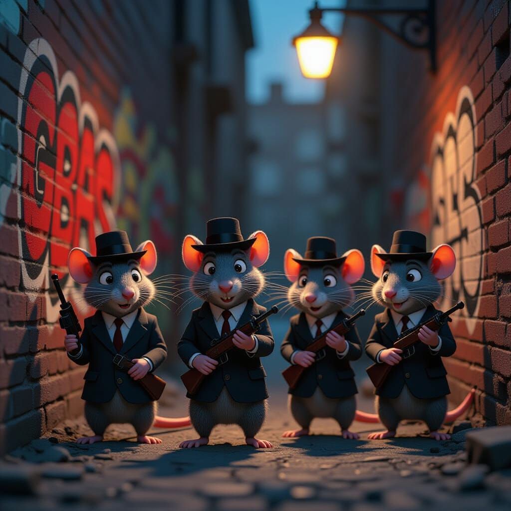 Cartoon Rat Cartel in Realistic Alleyway