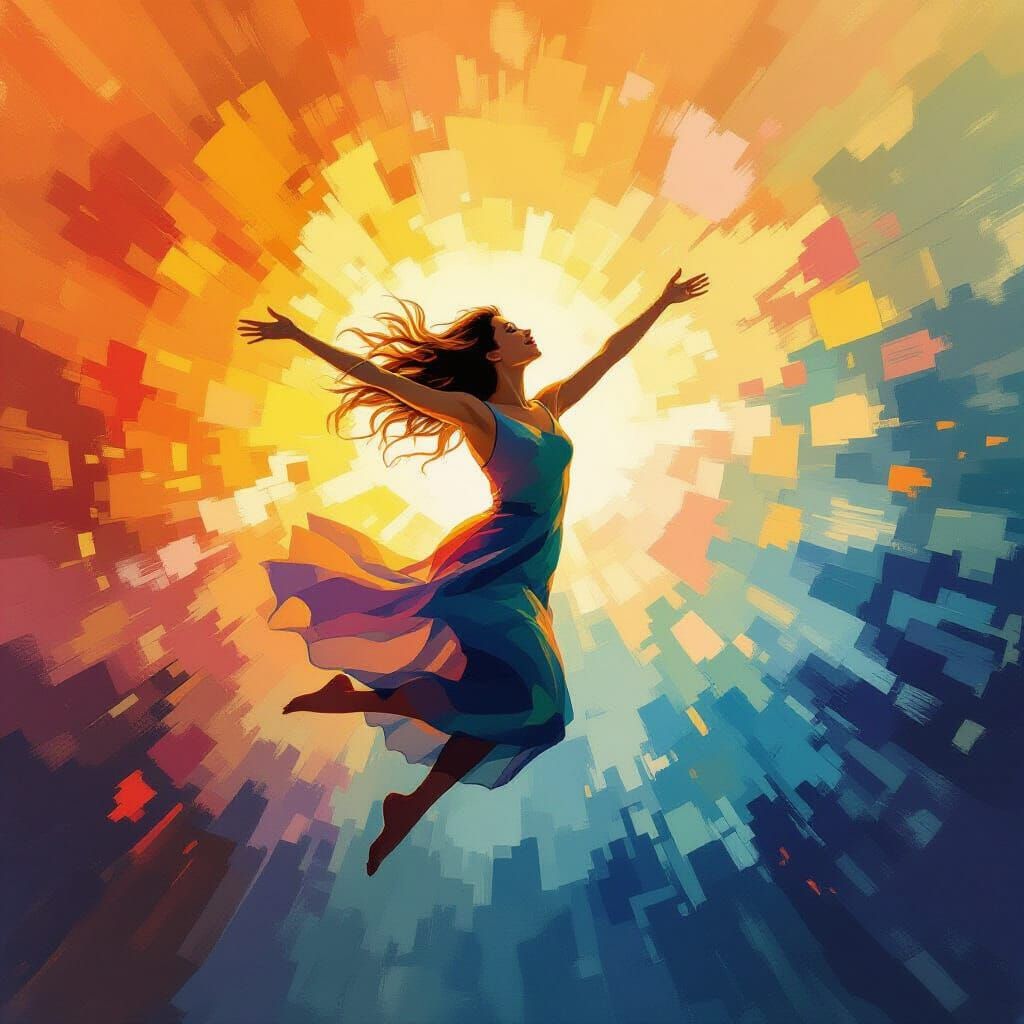Joyous Figure Leaping in Vibrant Abstract Colors