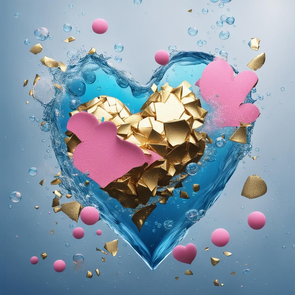 Submerged Broken Heart with Bubbles and Shards