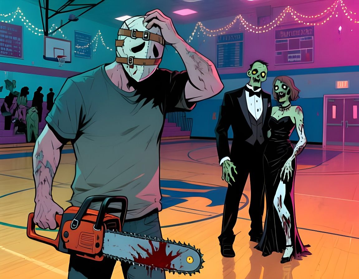 Confused Slasher With Bloody Chainsaw and Zombies