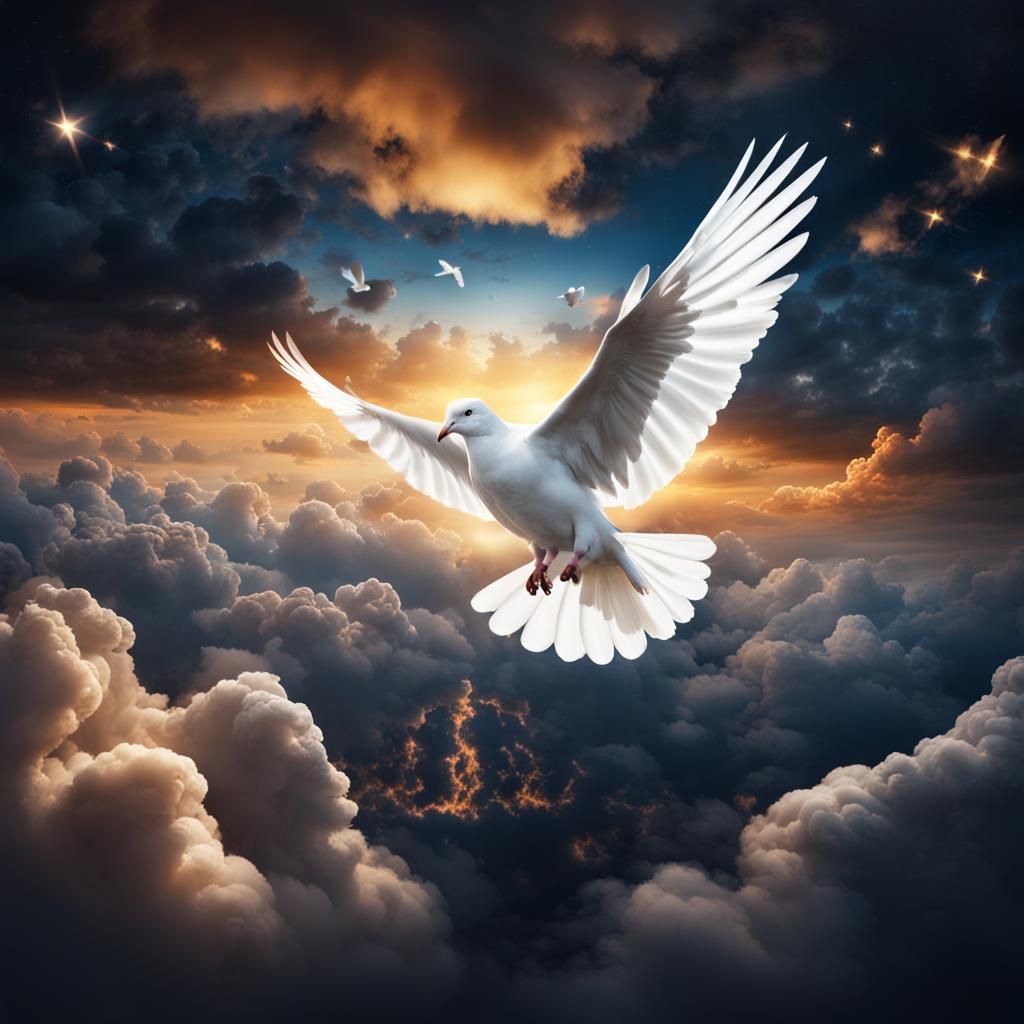 White Dove of Peace in Dramatic Sky