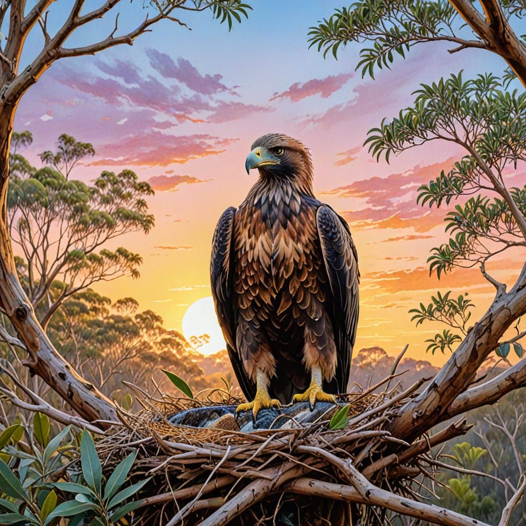 Eagle in Gum Tree Nest: Ink Wash Painting