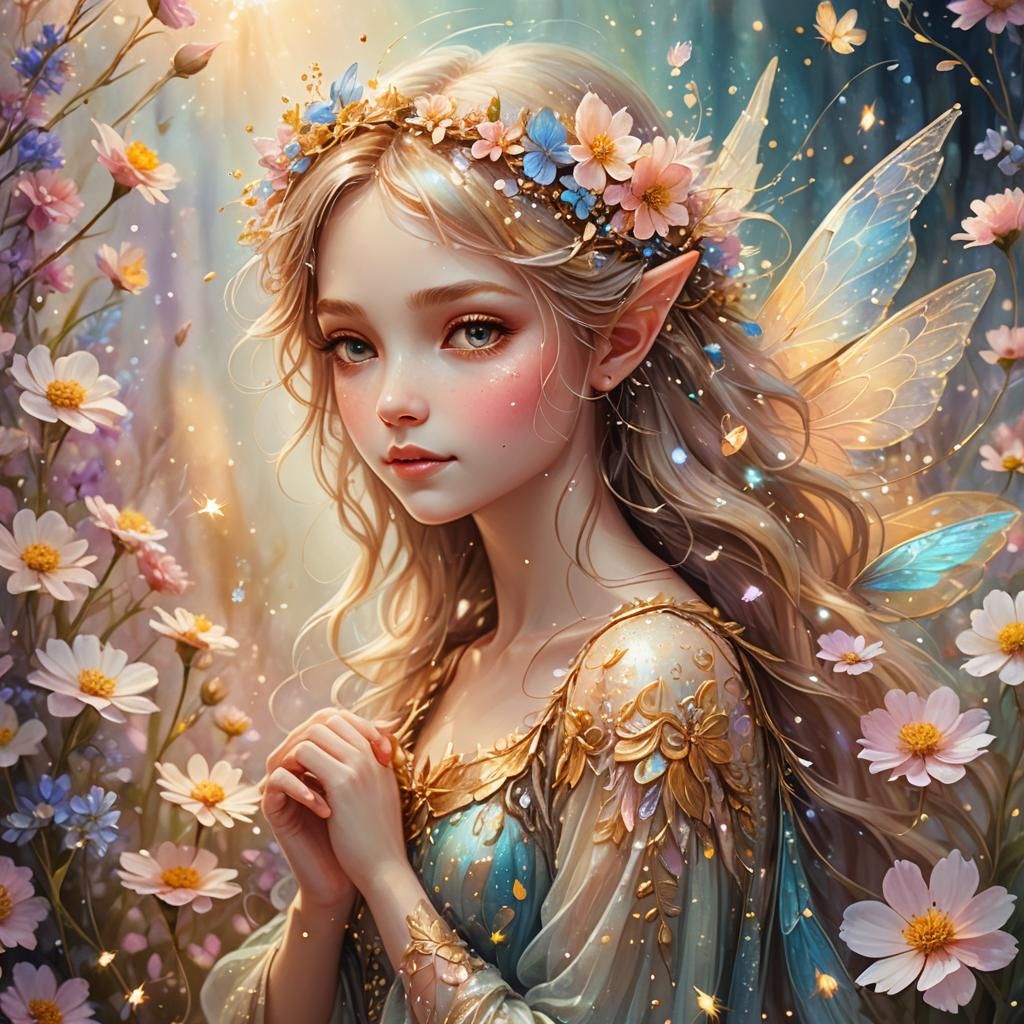 Fairy Surrounded by Flowers in Magical Realism Style