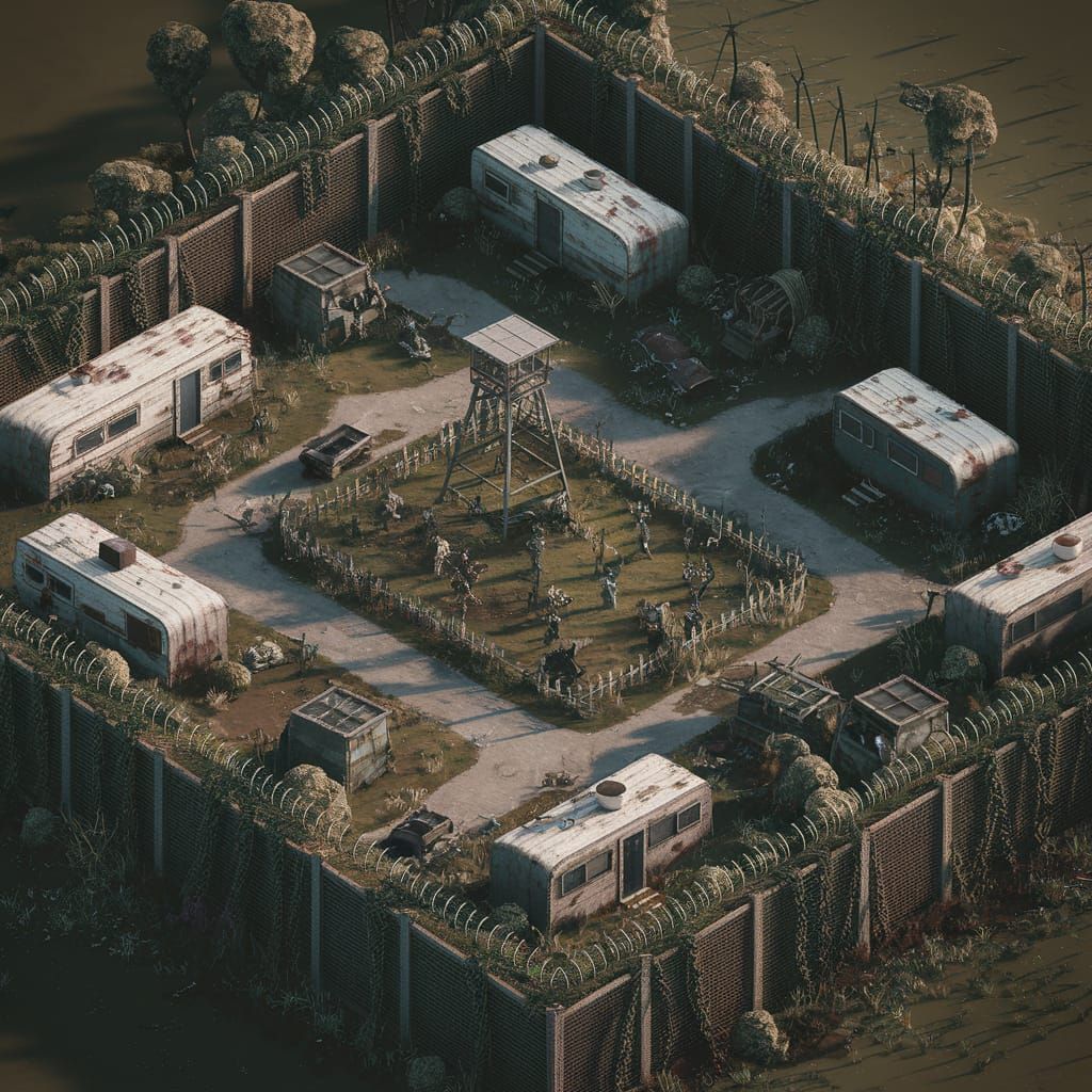 Fortified Trailer Park Amidst Zombie Apocalypse Ruins