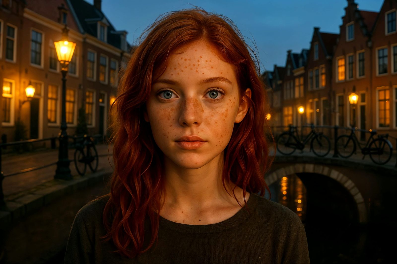 Red-Haired Woman in Picturesque Dutch City Scene