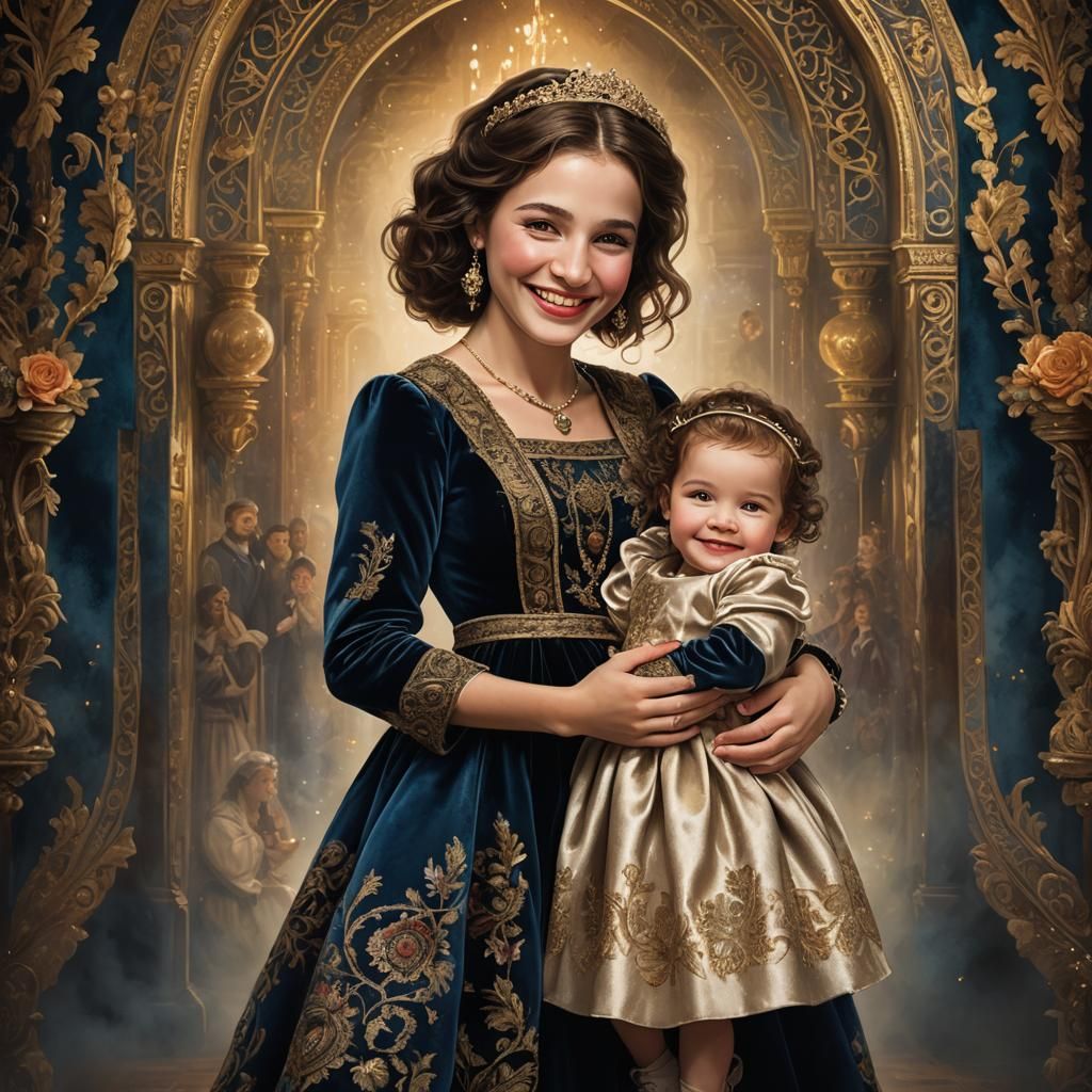 Noble Girl with Baby in Velvet Clothing