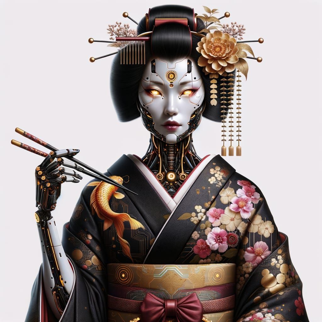 Cybernetic Geisha in High-Tech Kimono: Hyper-Realistic Illus...