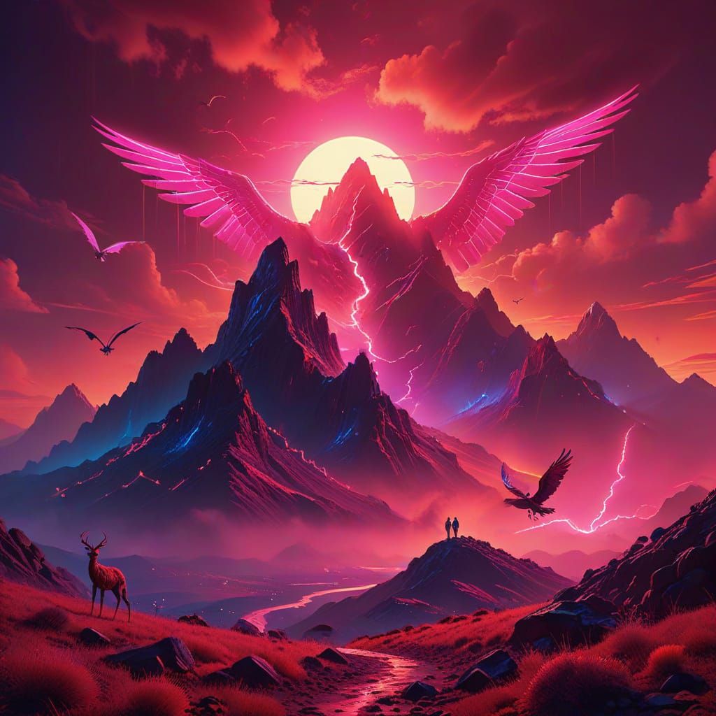 Surreal Landscape with Neon Retro Synthwave Style