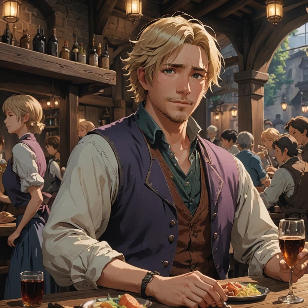 Anime-Style Bard Flirting in Tavern, Ghibli Key Visual