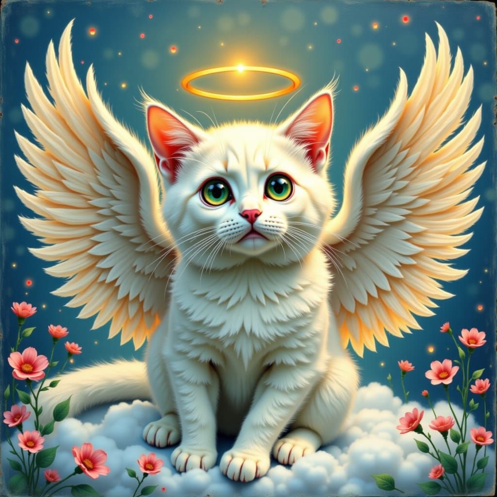 Ethereal Cat Angel on Cloud with Feathered Wings