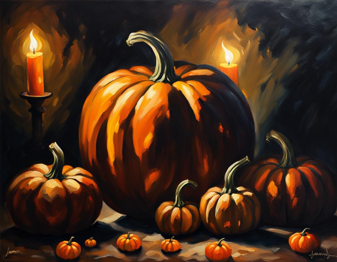 Eerie Halloween Pumpkins in Impressionist Oil Painting