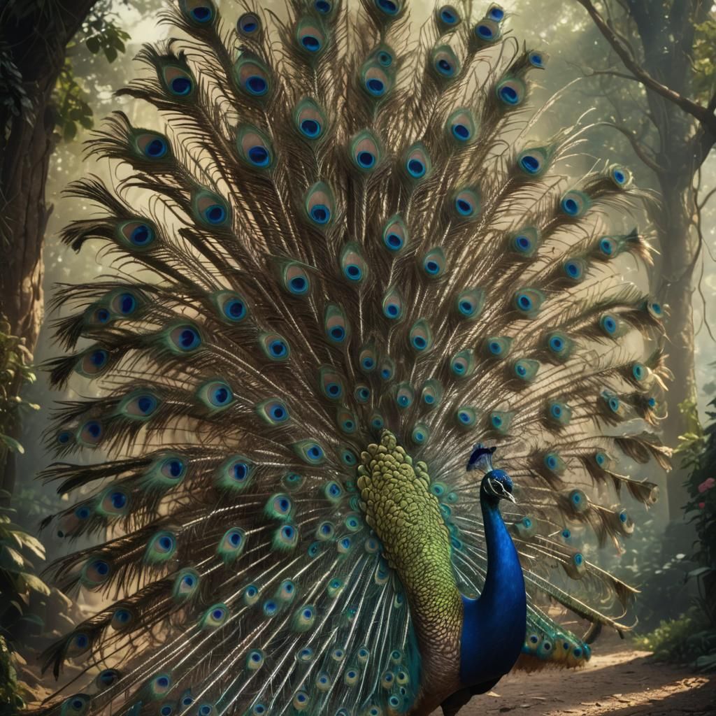 Peacock Displaying Tail Feathers in Digital Painting