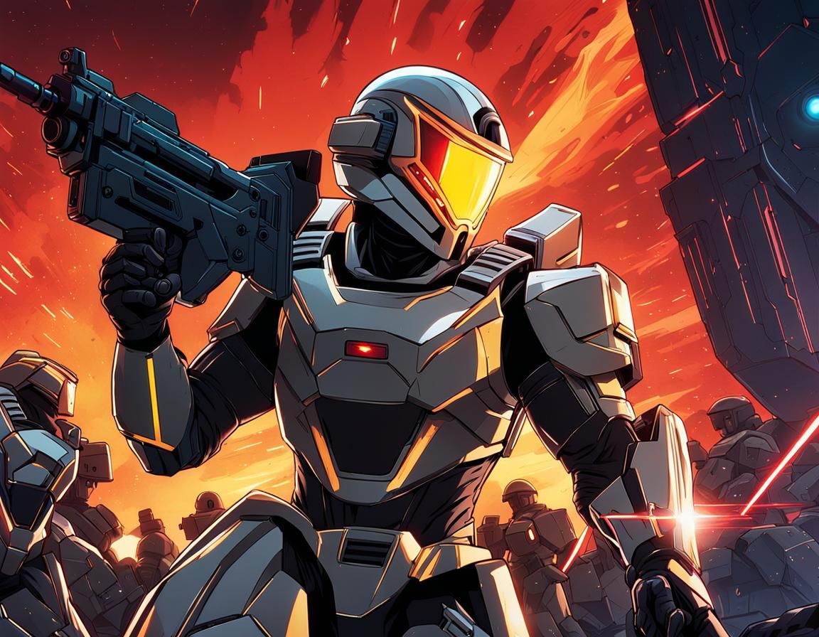 Armored Soldier in Laser Gunfight, Cel-Shaded Style