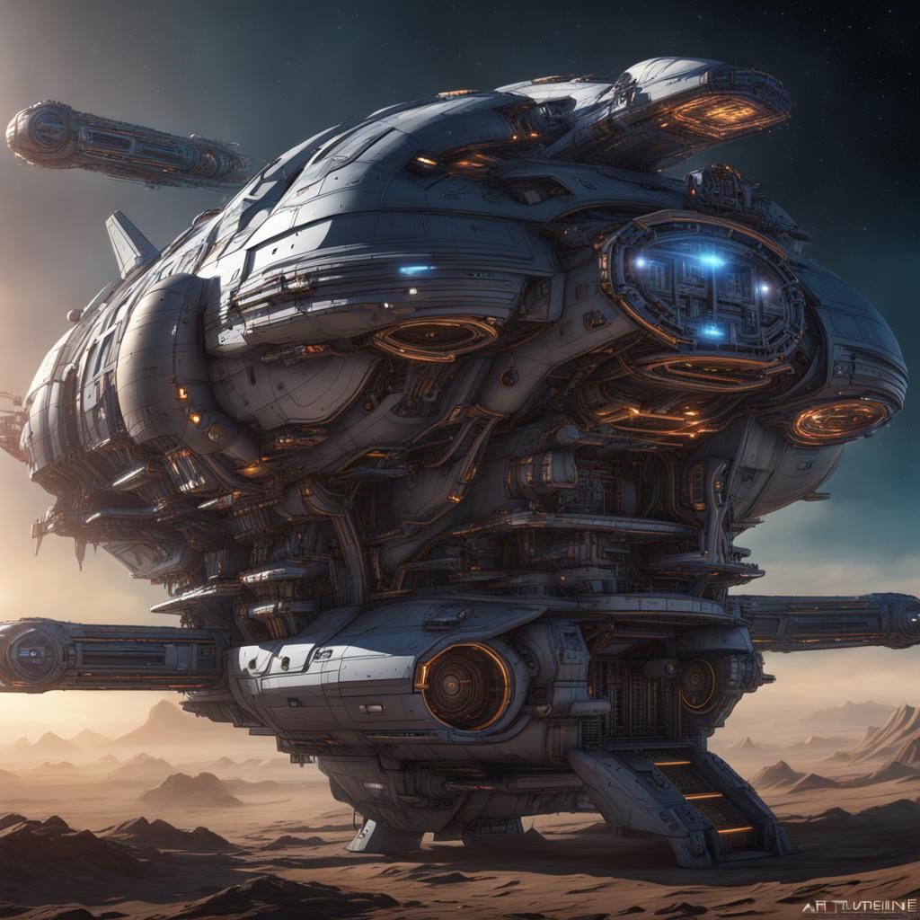 Detailed Starship Blueprint in Matte Painting Style