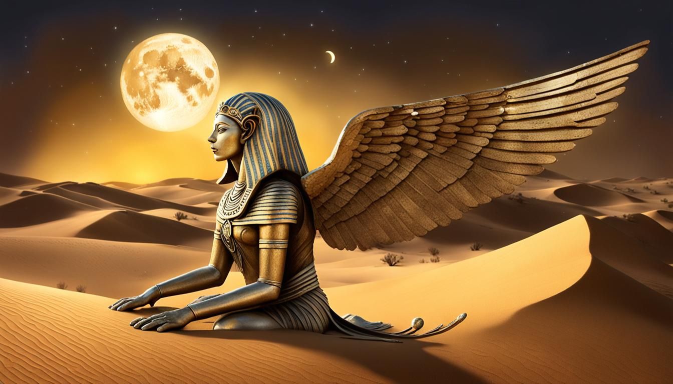 Mystical Golden Sphinx Emerges in Moonlit Desert