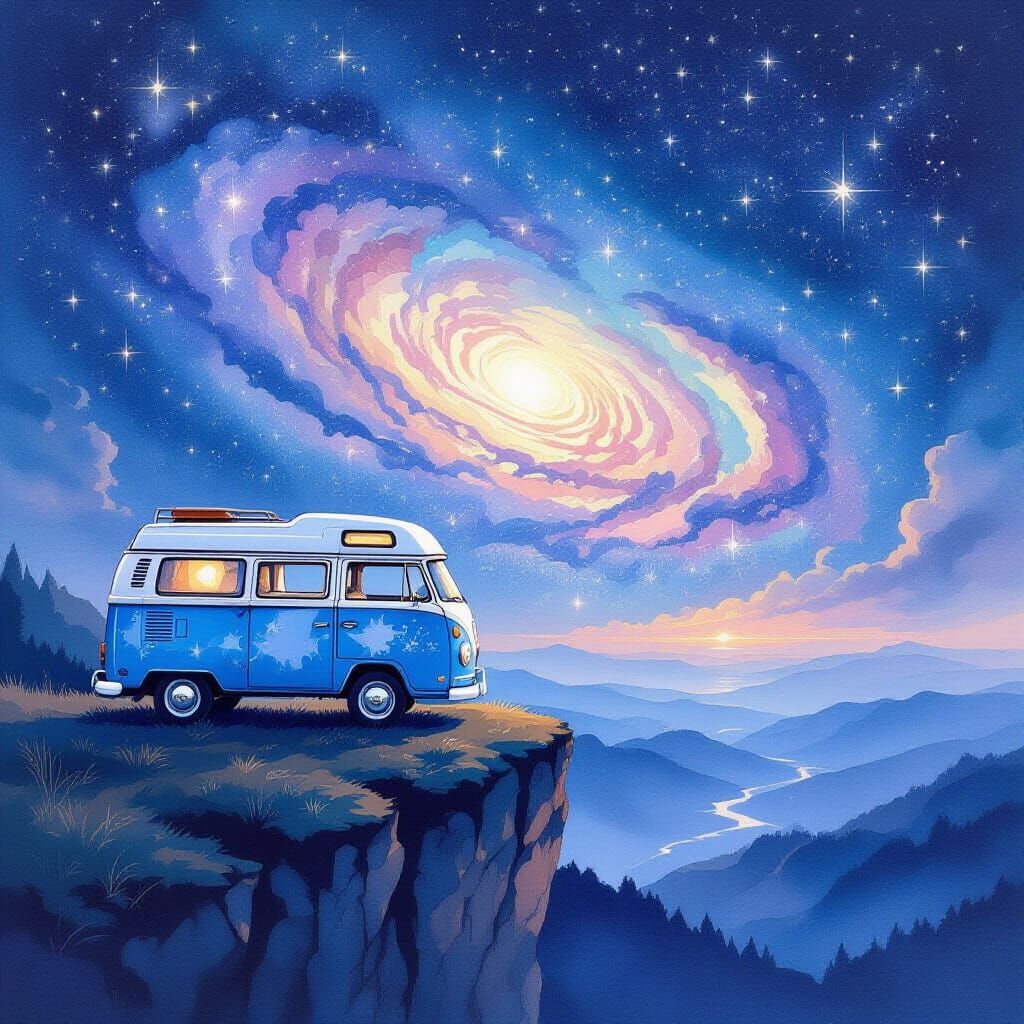 Celestial Camper Van on Cliff Overlooking Galaxy in Watercol...