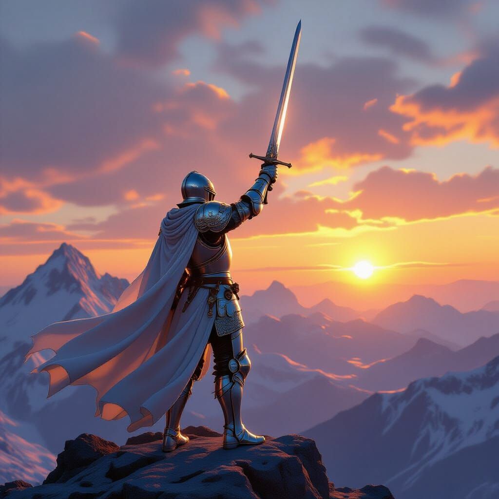 Victorious Knight on Mountain Peak at Dawn